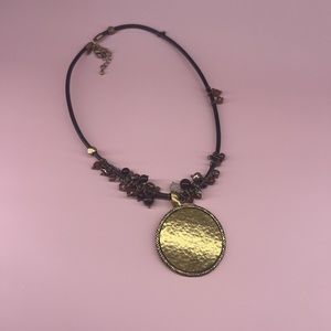 Large Gold Tone Medallion necklace leather cord